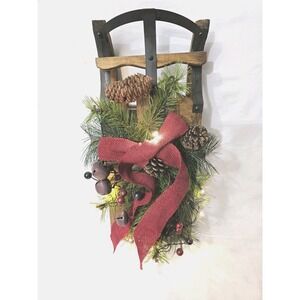 Light-Up Rustic Pine Sled Wall Decor w/Bells & Pinecones Rustic Red Ribbon Bow